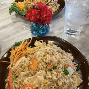 Thai Fried Rice w/ chicken (front), Pad Thai (back)