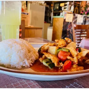 Sweet and sour chicken with steamed rice.