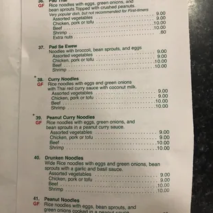 Menu of noodle dishes