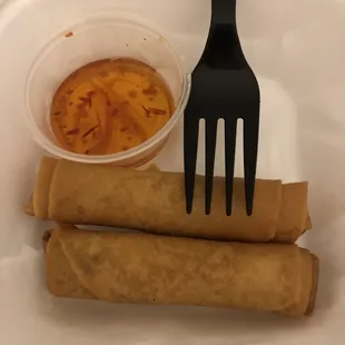 Spring Rolls.  Tasty, but quite small.  Fork for scale