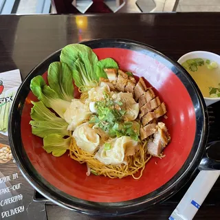 Crispy Pork Belly with Egg Noodles and Shrimp Wonton