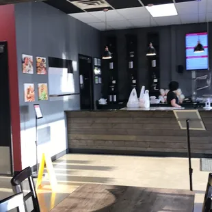 a view of a restaurant counter