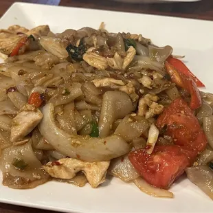 Drunken noodles... chicken  Tad bland and soggy.  The chef def has had to change