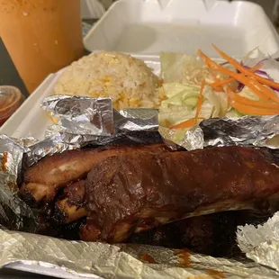 Spare Ribs, Fried Rice and salad