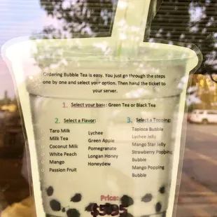 Boba tea menu