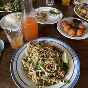 Pad Thai with pork, Rice Balls, Beer Battered Mushrooms, Spiked Thai Tea in carafe