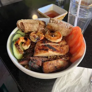 Combination Rice Noodle Bowl Dinner with Vietnamese Egg Rolls