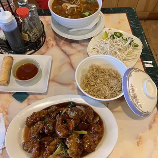 Pho and General Chicken with fried rice.