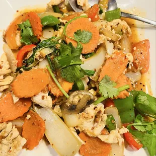 Spicy basil chicken - ordered with no soy or gluten but it tore me up - not certain allergies we&apos;re accommodated