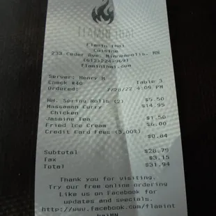 Final tab.  A credit card fee?  I paid with cash!