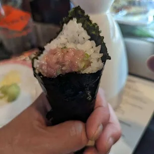 Bluefin tuna and scallion whites hand roll