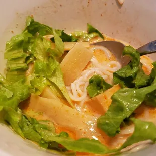 Kanom jeen (red curry noodles) ($12), made vegan. Edible, but really salty.