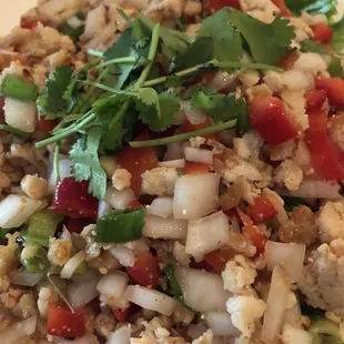 Larb Kai chicken with stick rice.