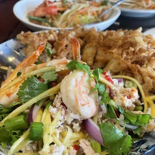 December &apos;23 special: fried enoki mushroom w/ ground chicken, shrimp, and mango salad