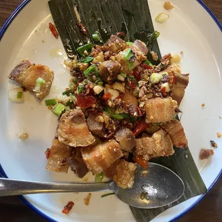 Crispy Pork with Chili Garlic Sauce and Basil Leaves