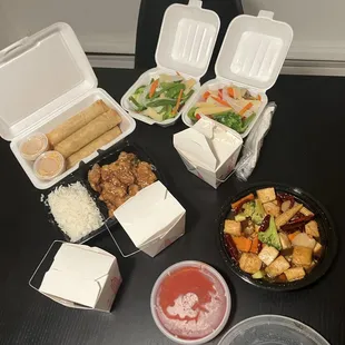 Spring roll, hunan tofu, sesame tofu