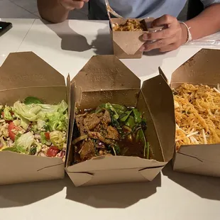 Larb Gai (chicken), Basil Leaves (beef), Pad Thai (chicken)