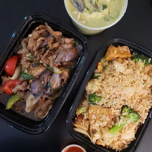 two take out containers of food