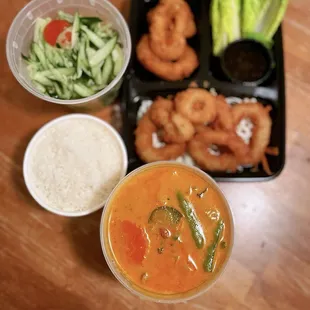 Massaman Curry, Fried Calamari, Cucumber Salad. All yummy!