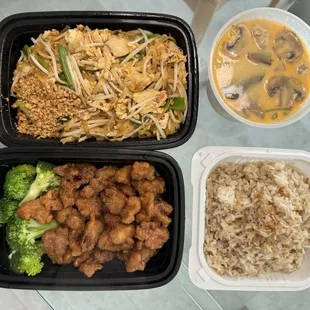 Orange chicken, pad thai, Tom Kha, and garlic rice