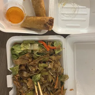 Vegetable Rolls and Drunken Noodles with veggies (&amp; tofu)