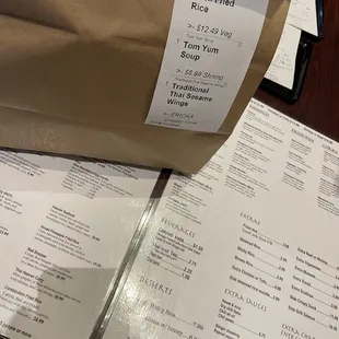 Menu and take out order ready to go!