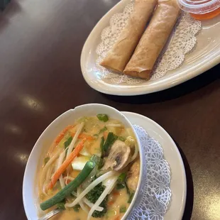 Vegetable coconut soup/ Crab and cheese rolls