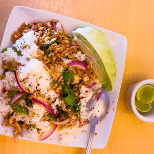 Larb with a side of rice and extra lime.