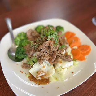 Beef with ginger broccoli carrots cabbage
