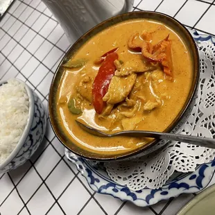 Fab pumpkin curry with chicken and side of white rice.