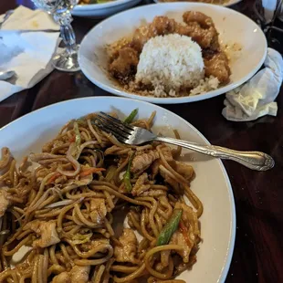 Bottom Left: Chicken Lo Mein Middle Dish: Sesame Chicken