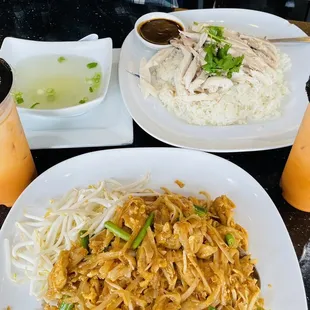 two plates of food and drinks