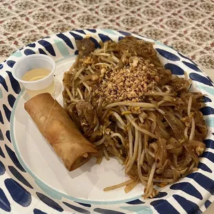 Lunch order of Pad Thai with beef. Comes with a veggie egg roll.