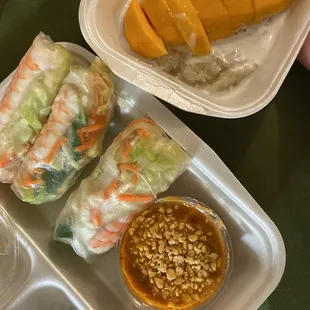Thai House Rolls with Peanut Sauce and Mango Sticky Rice. Amazing!