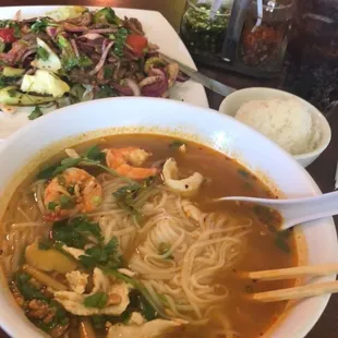 Seafood noodle soup and bbq beef