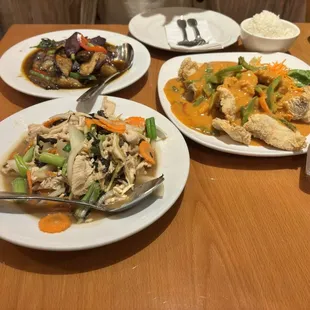 This photo has Ginger Perfect and Pla Tod in red curry sauce and Spicy Eggplant