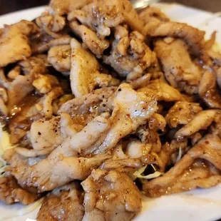 a plate of chicken and noodles