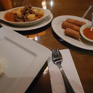 Kang Masanam Beef and Jasmine rice, Thai Iced tea, fried spring rolls