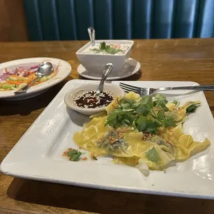 Potstickers, cucumber salad, and Tom Kha soup (small).  #12 Pot Sticker. #16 Tom Kha. #19 Cucumber Salad.