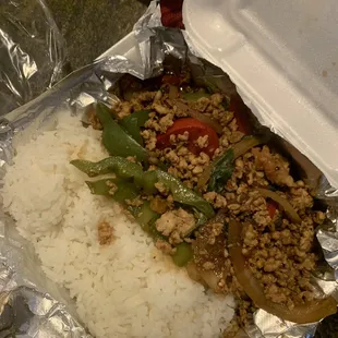 Pad Krapraw (chopped chicken with onions and peppers) it reminds me of teriyaki