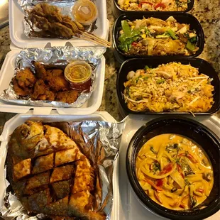 Whole fried fish, Tod Man Pla, Pad Thai, Pad See Yew, Spicy Basil Fried rice, and Chicken satay are all delicious!