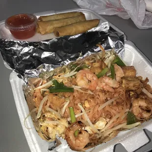 Shrimp Pad Thai with egg rolls