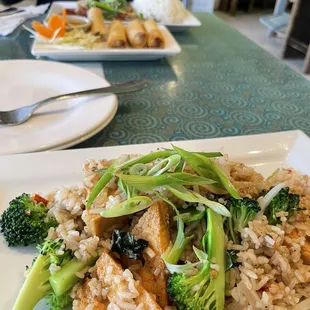 a plate of rice and broccoli