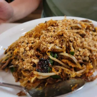 Dinner @Thai Issan last eve; 2/17/2023. David Pad Thai Noodles w/Beef &amp; Lots of peanuts. Lol! We Switched plates, mine was 2 Saucy! Lol.