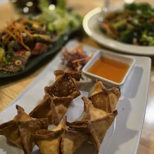 Thai food:  won tons, chicken pad see eww, Thai beef salad