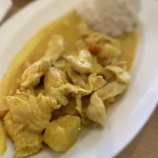 Yellow chicken curry with white rice