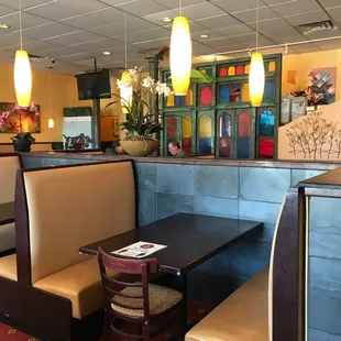 Booth dining available with stylish lighting