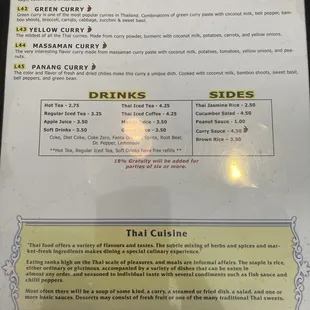 Thai Kitchen.  Back of menu.