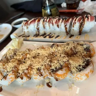 Crunchy Roll in front, Tuna Fusion Roll in back