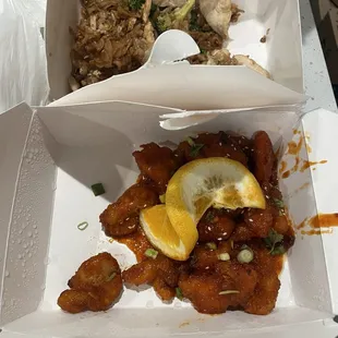 Pad see ewe and orange chicken each $15.99 for half portions. They used to be full the last time we ordered a couple months ago. Shame.